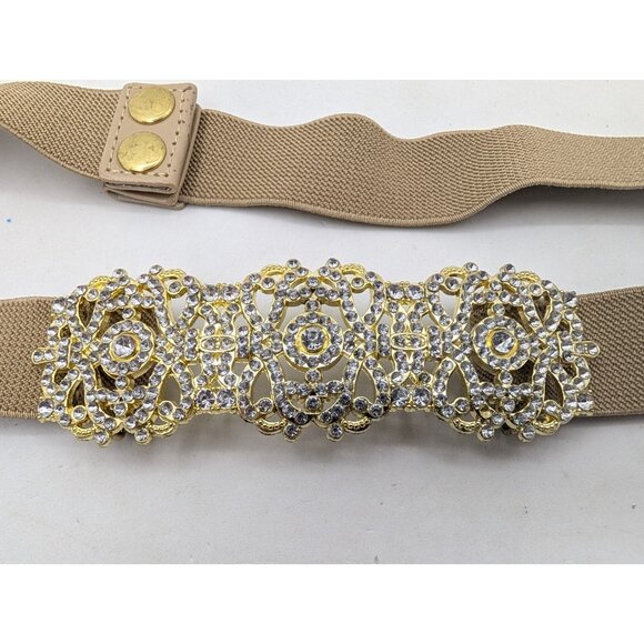 Waist Belt Women's M/L Metal Gold Rhinestone Elastic Snap Closure Tan Y2K glam - Picture 9 of 13